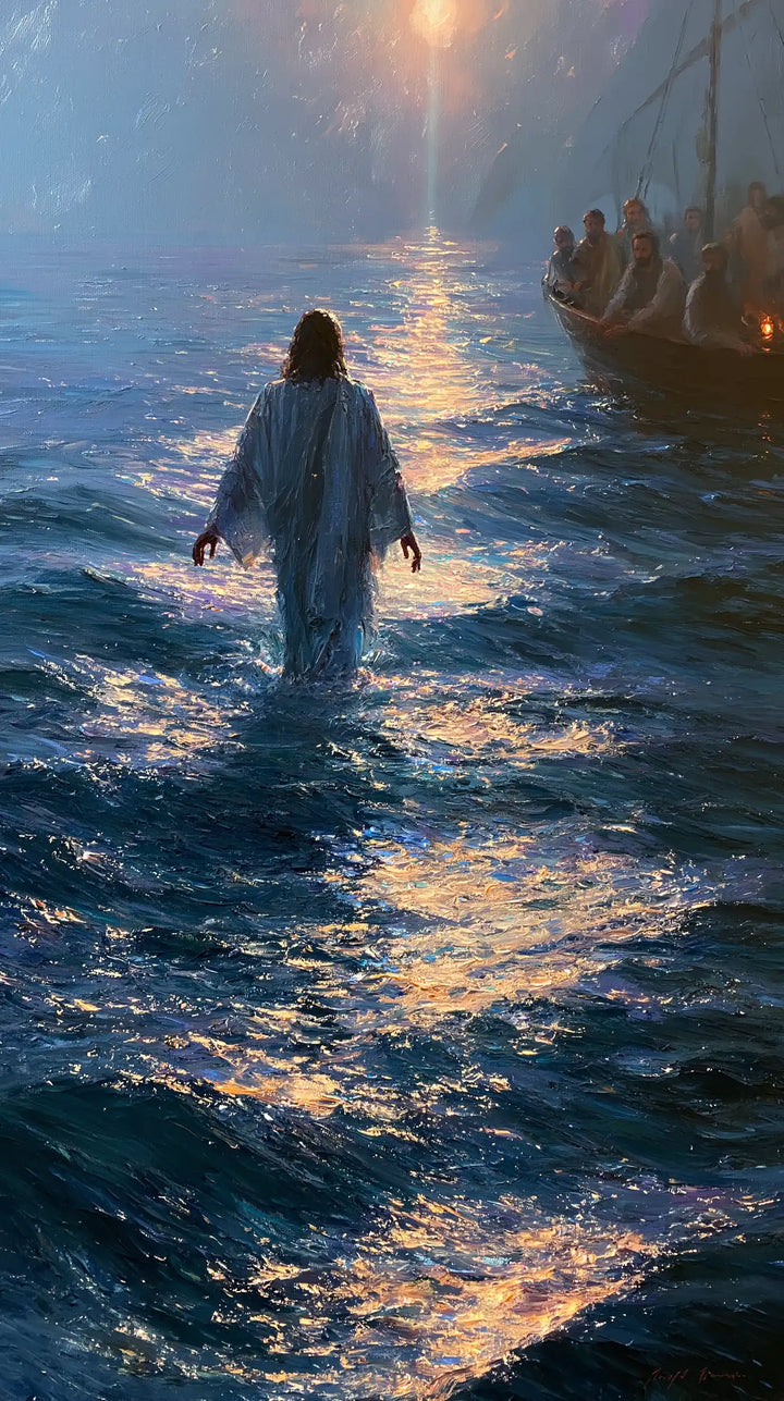 Jesus Walking on Water — The Golden Wake beneath the Veiled Sun
