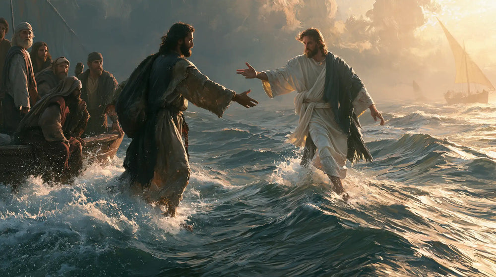 Jesus walking on water and calling Peter in Jesus Calls Peter style, landscape Christian artwork no. 8