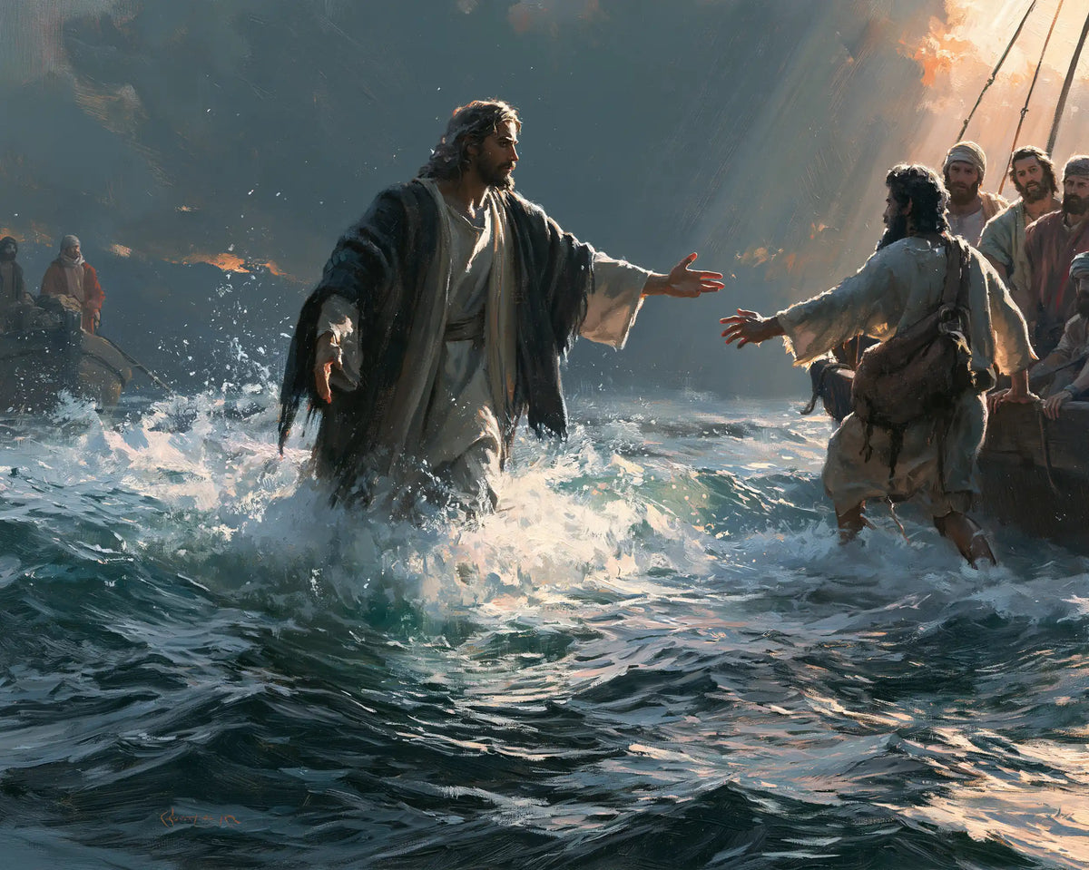Jesus walking on water and calling Peter in Jesus Calls Peter style, landscape Christian artwork no. 12