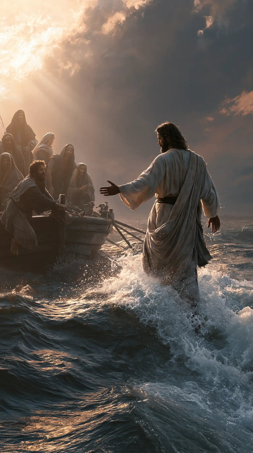Jesus walking on water and calling Peter in Jesus Calls Peter style, portrait Christian artwork no. 8