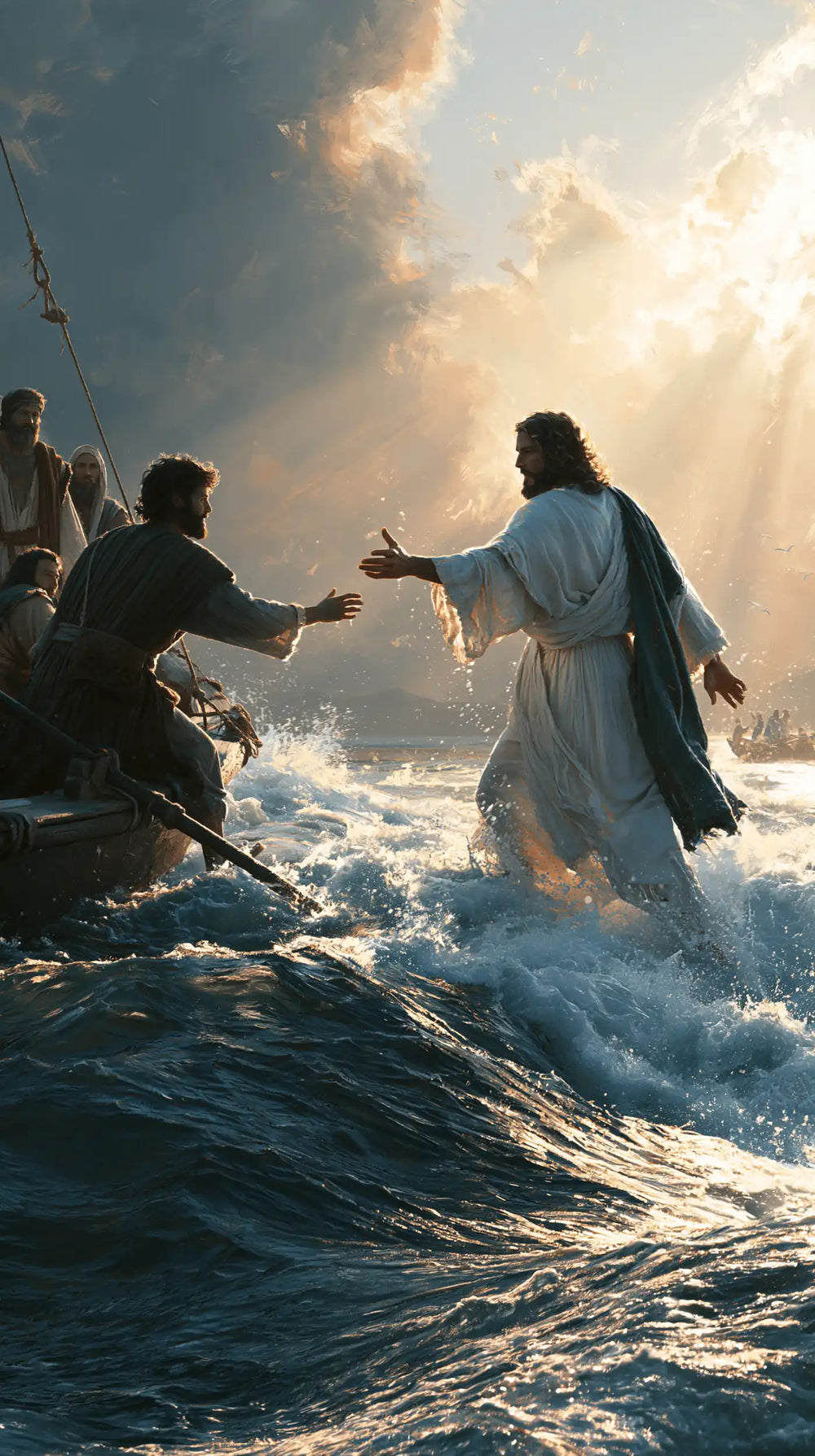 Jesus walking on water and calling Peter in Jesus Calls Peter style, portrait Christian artwork no. 9