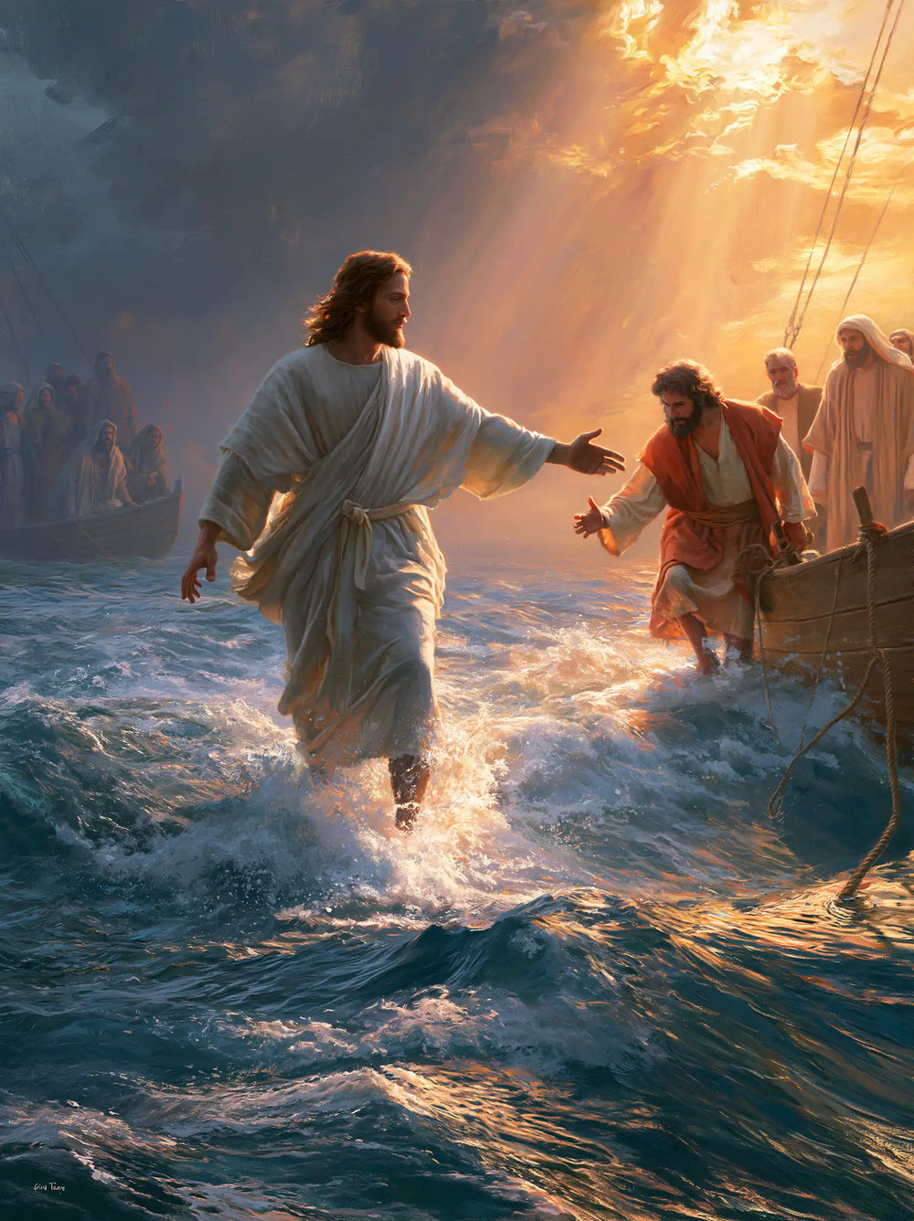 Jesus walking on water and calling Peter in Jesus Calls Peter style, portrait Christian artwork no. 10