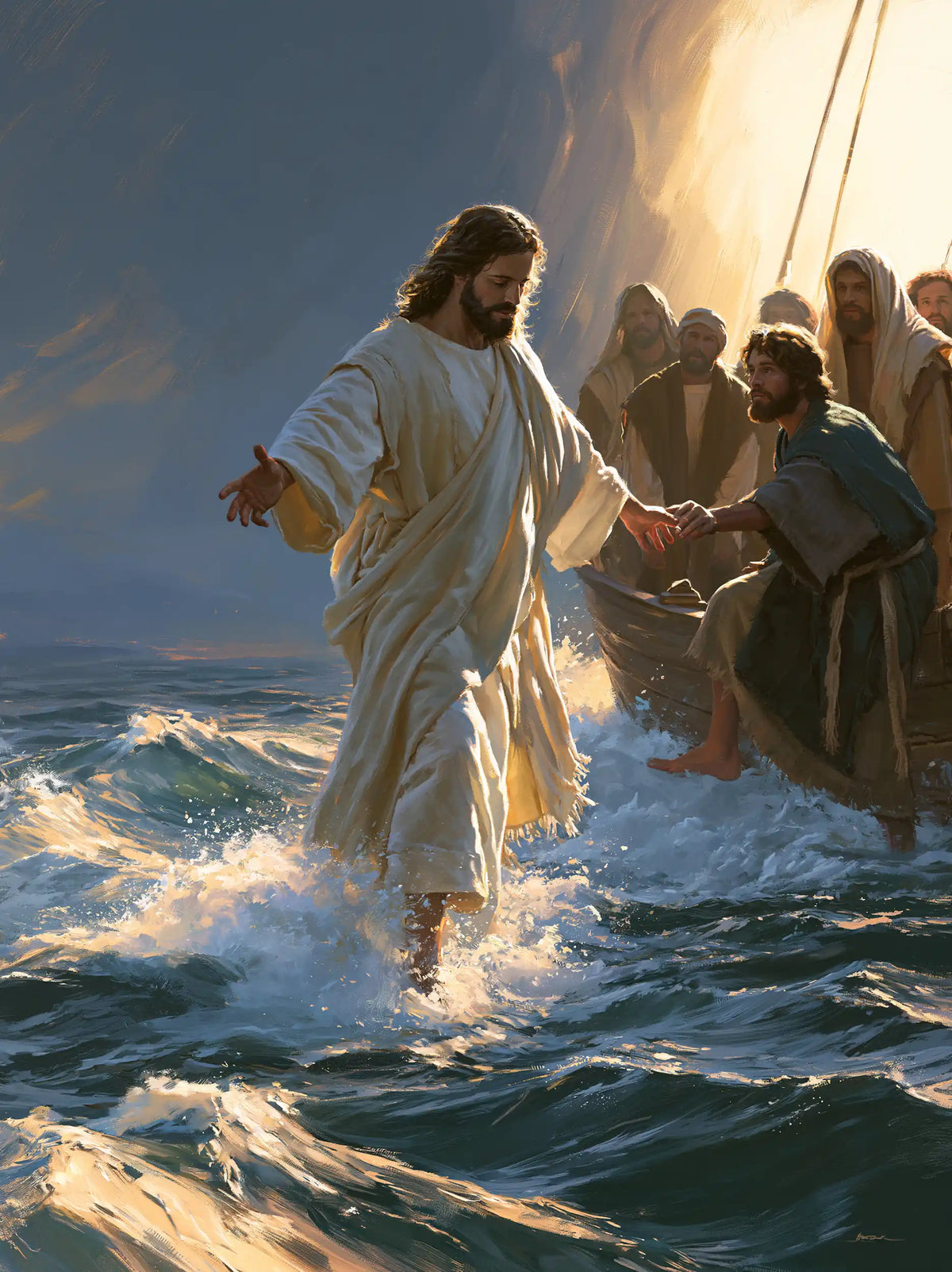 Jesus walking on water and calling Peter in Jesus Calls Peter style, portrait Christian artwork no. 11