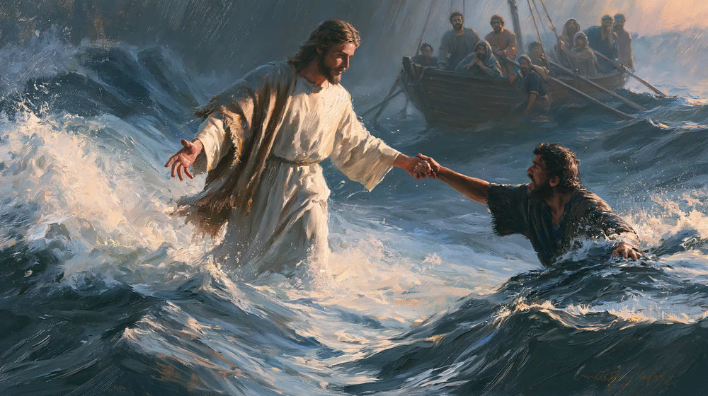 Jesus walking on water and saving Peter in Jesus Saves Peter style, landscape Christian artwork no. 14