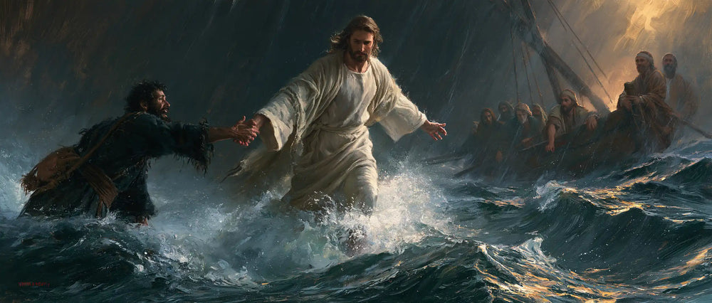 Jesus walking on water and saving Peter in Jesus Saves Peter style, landscape Christian artwork no. 22