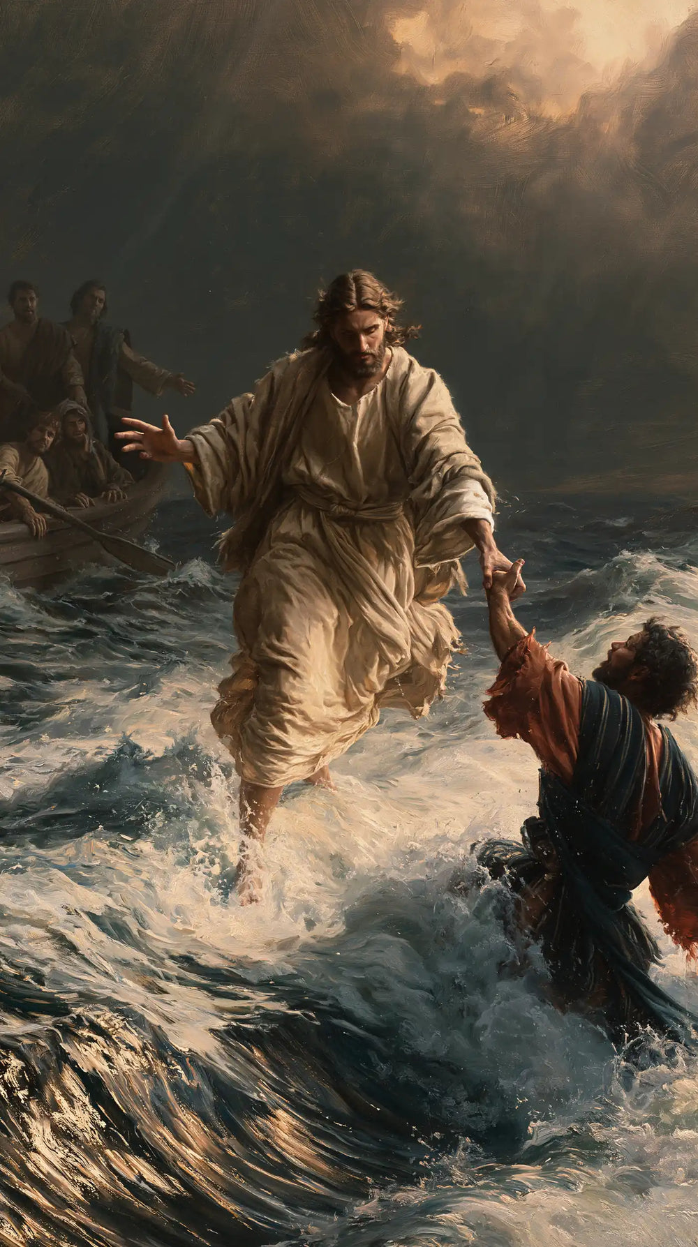 Jesus walking on water and saving Peter in Jesus Saves Peter style, portrait Christian artwork no. 5