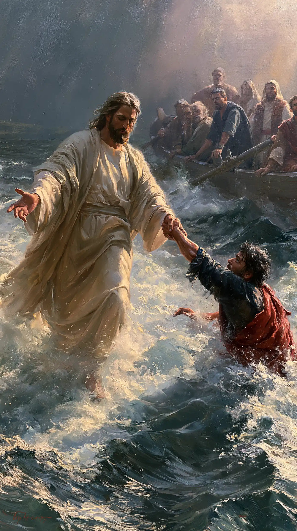 Jesus walking on water and saving Peter in Jesus Saves Peter style, portrait Christian artwork no. 14