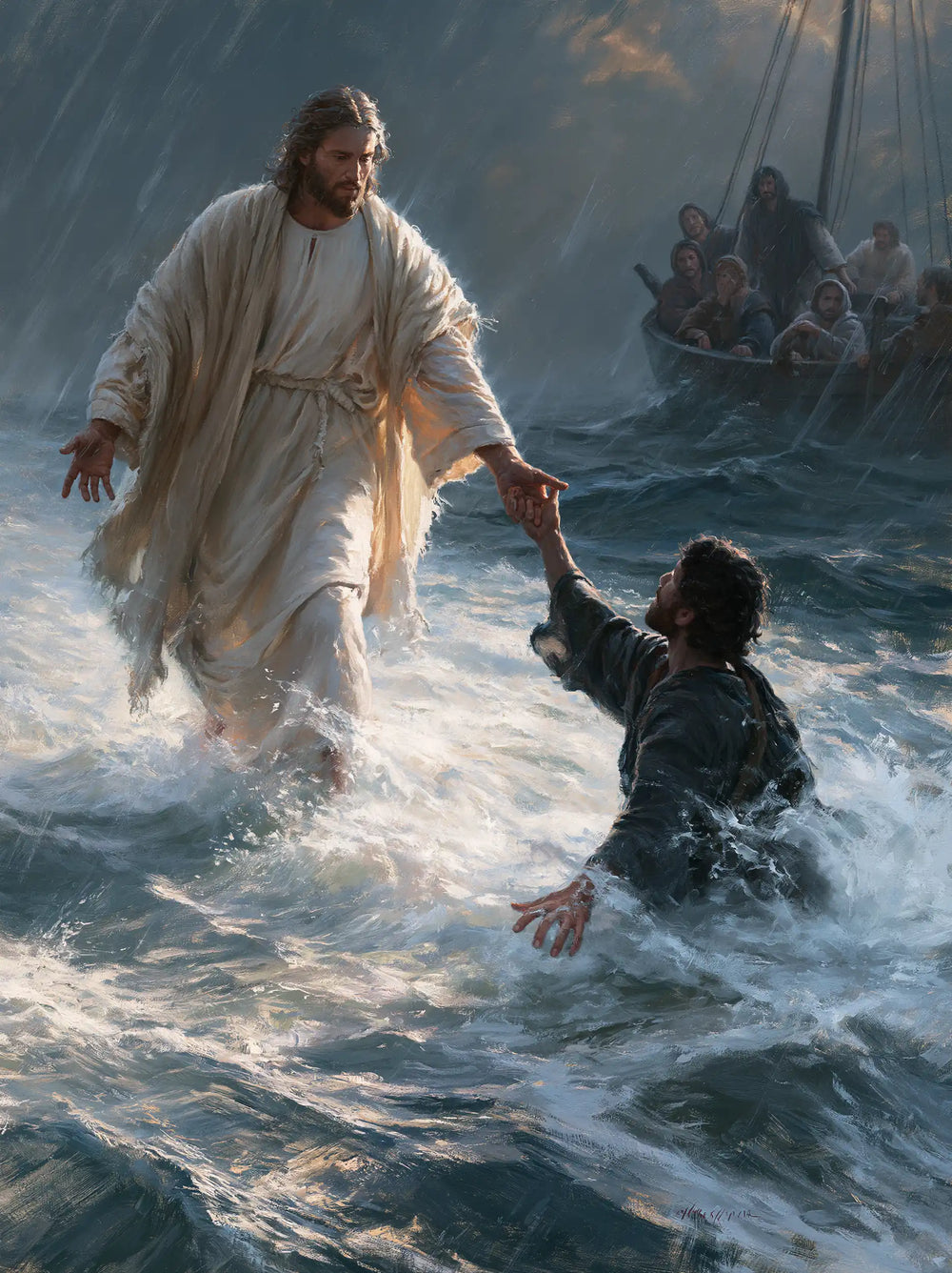 Jesus walking on water and saving Peter in Jesus Saves Peter style, portrait Christian artwork no. 16