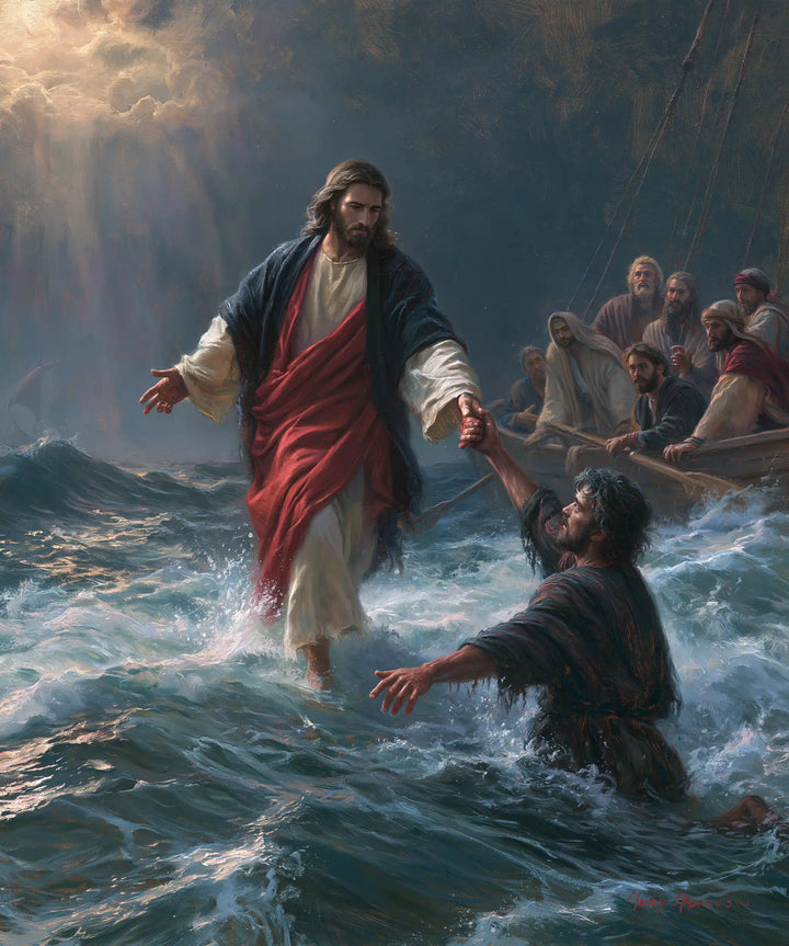 Jesus Walking on Water — The Red Drape before the Rescued Face