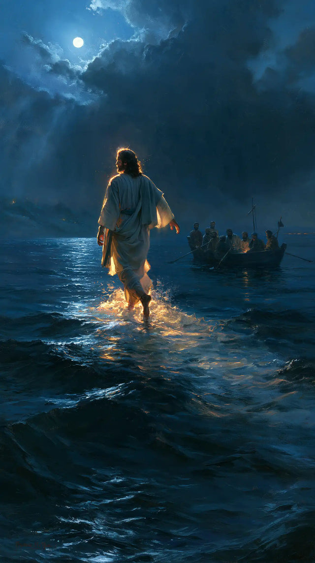 Jesus Walking on Water — The Glow of Feet beneath Midnight Clouds