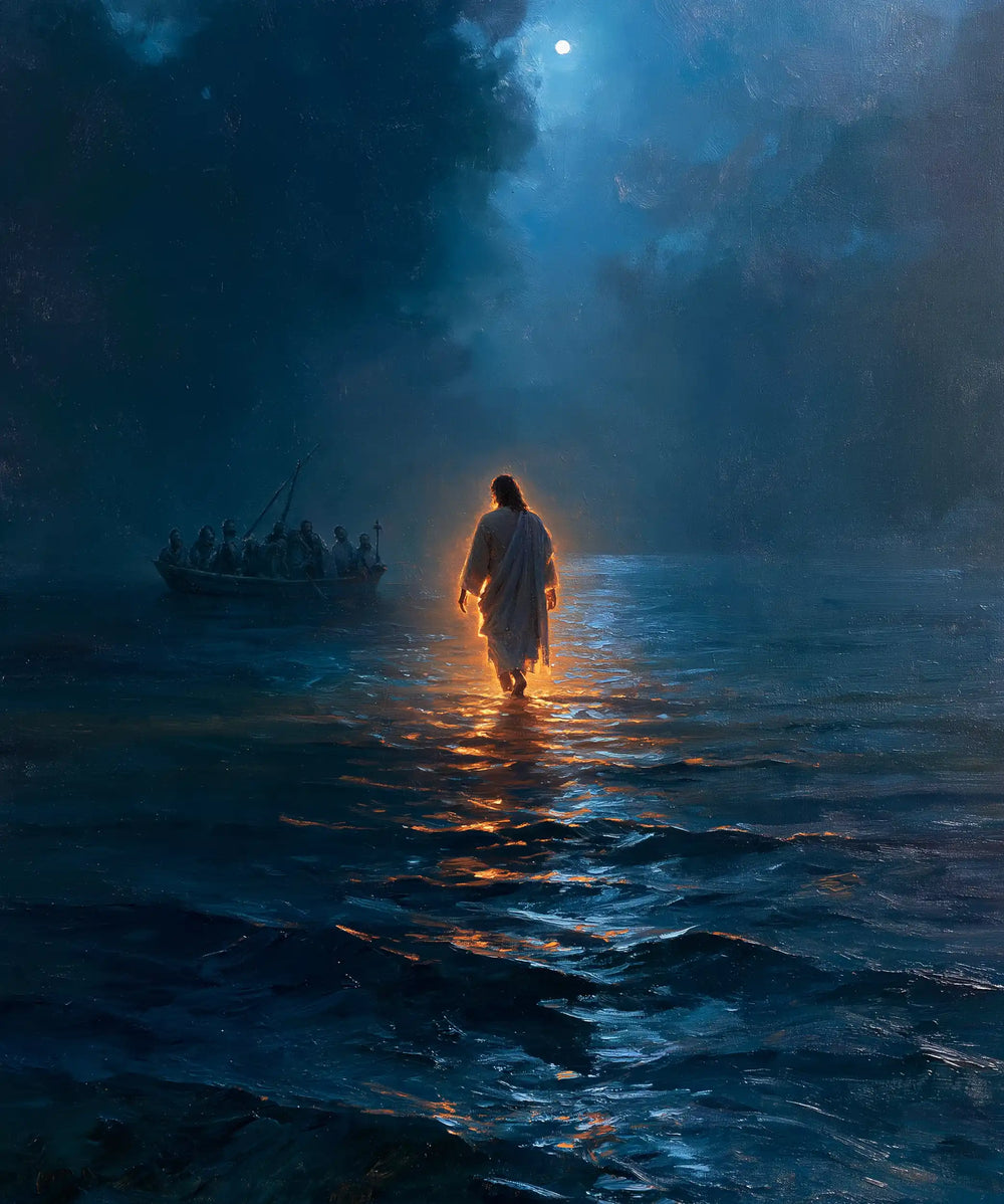 Jesus walking on water in Midnight Blue Chiaroscuro style, portrait Christian artwork no. 8