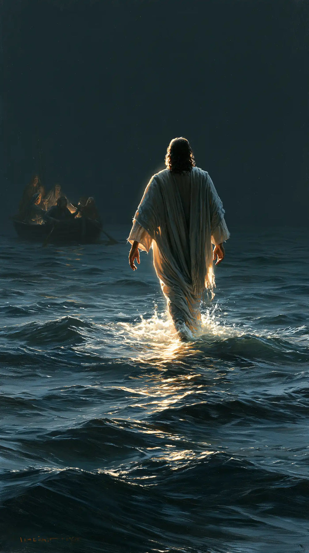 Jesus walking on water in Midnight Blue Chiaroscuro style, portrait Christian artwork no. 10