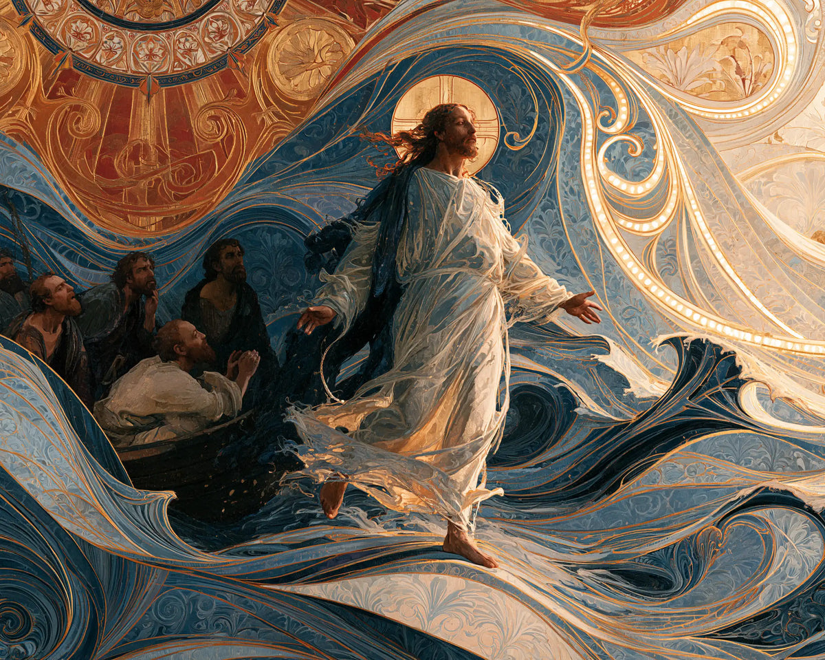 Jesus walking on water in Sacred Art Nouveau style, landscape Christian artwork no. 14