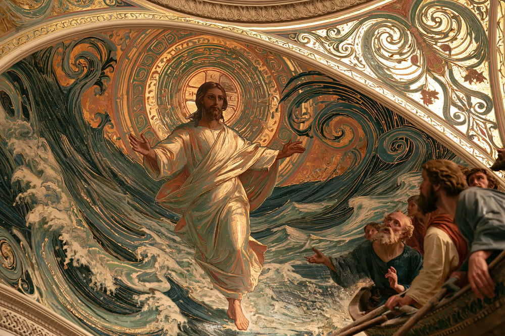 Jesus walking on water in Sacred Art Nouveau style, landscape Christian artwork no. 19