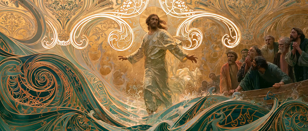 Jesus walking on water in Sacred Art Nouveau style, landscape Christian artwork no. 33