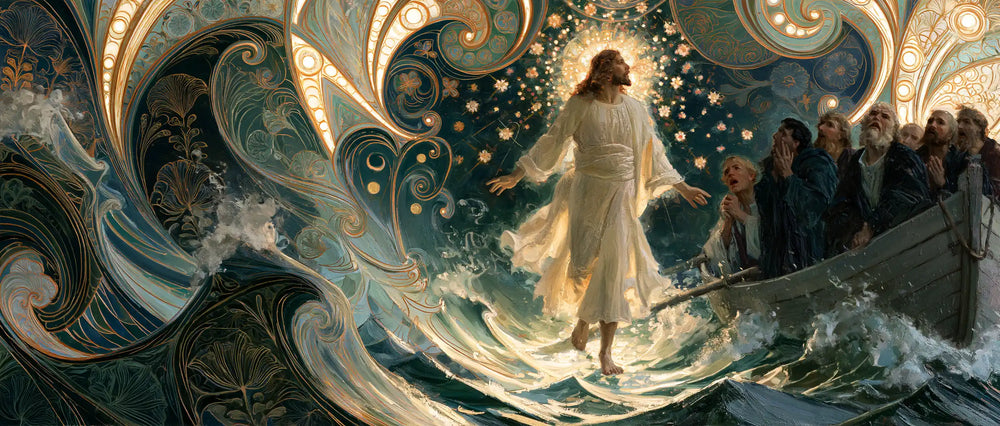 Jesus walking on water in Sacred Art Nouveau style, landscape Christian artwork no. 34