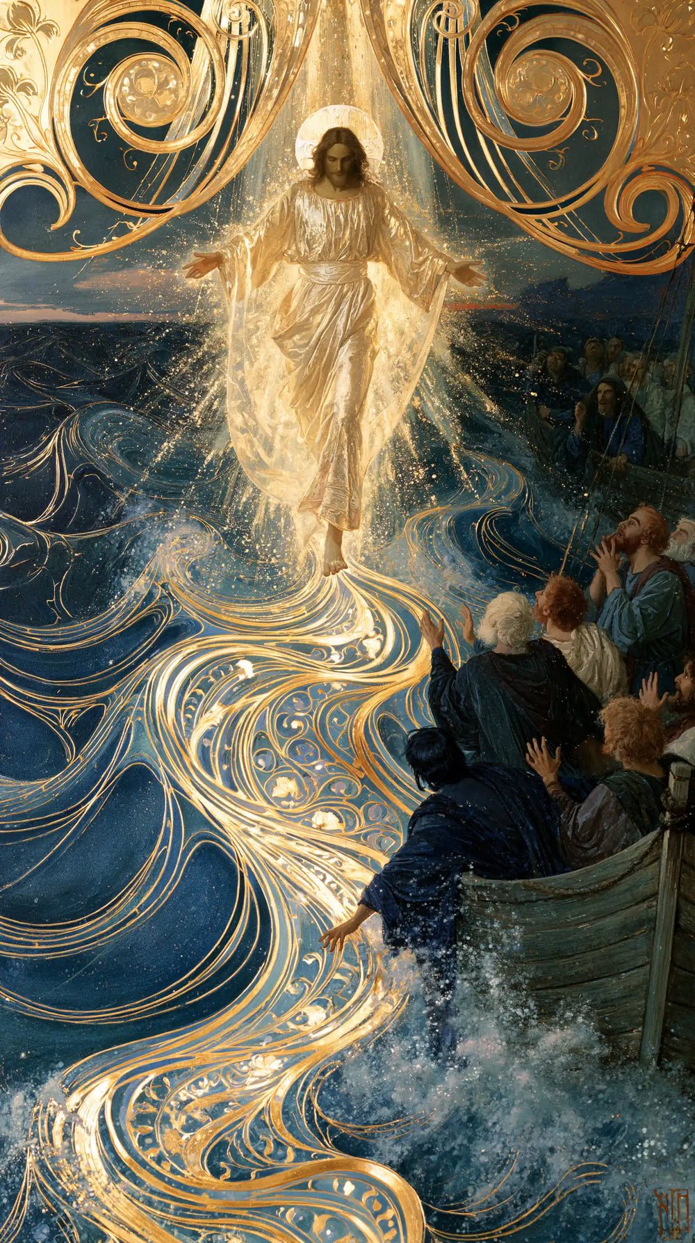 Jesus walking on water in Sacred Art Nouveau style, portrait Christian artwork no. 6