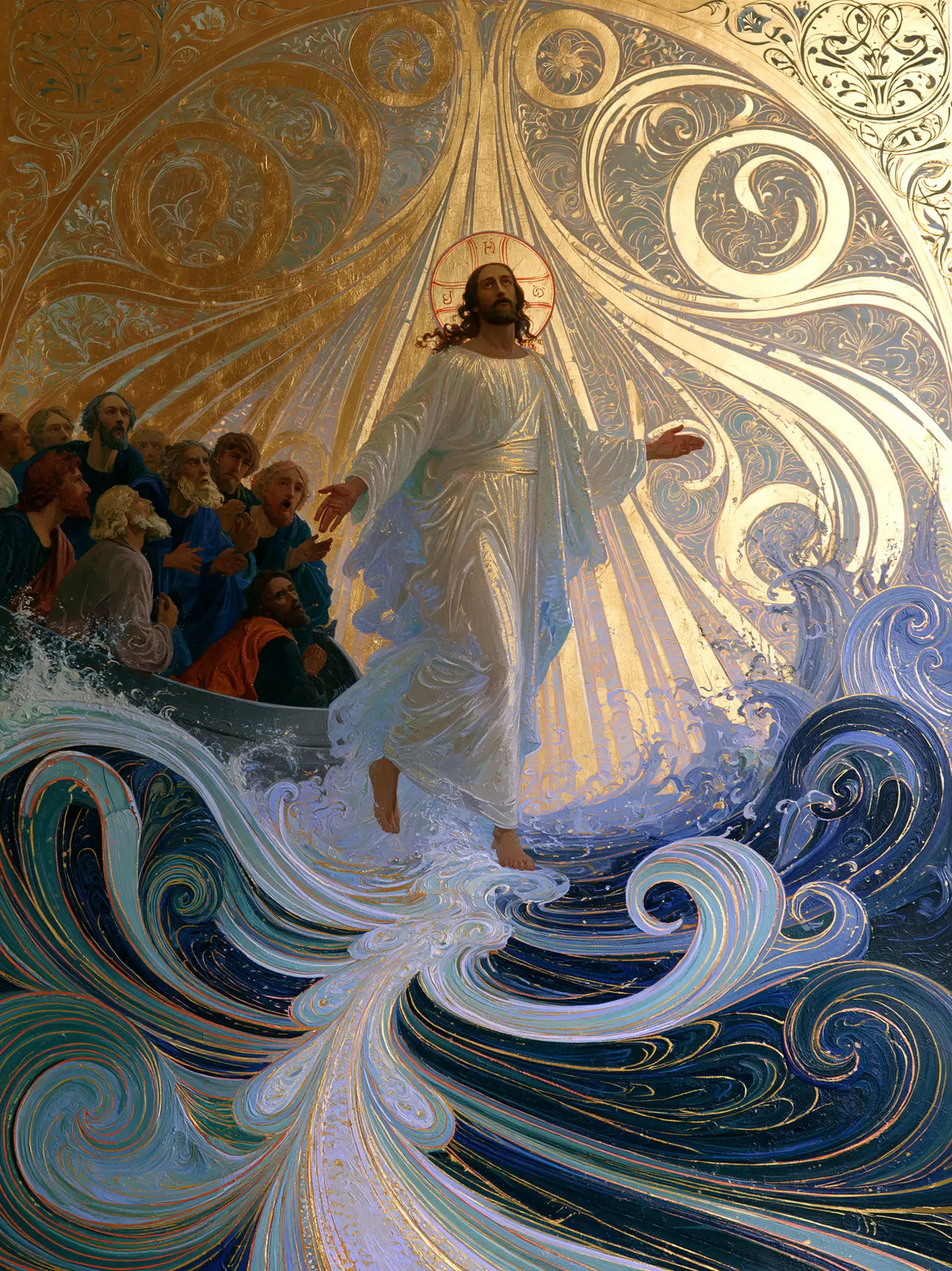 Jesus walking on water in Sacred Art Nouveau style, portrait Christian artwork no. 32