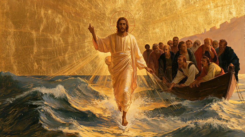 Jesus walking on water in Sacred Gold style, landscape Christian artwork no. 3