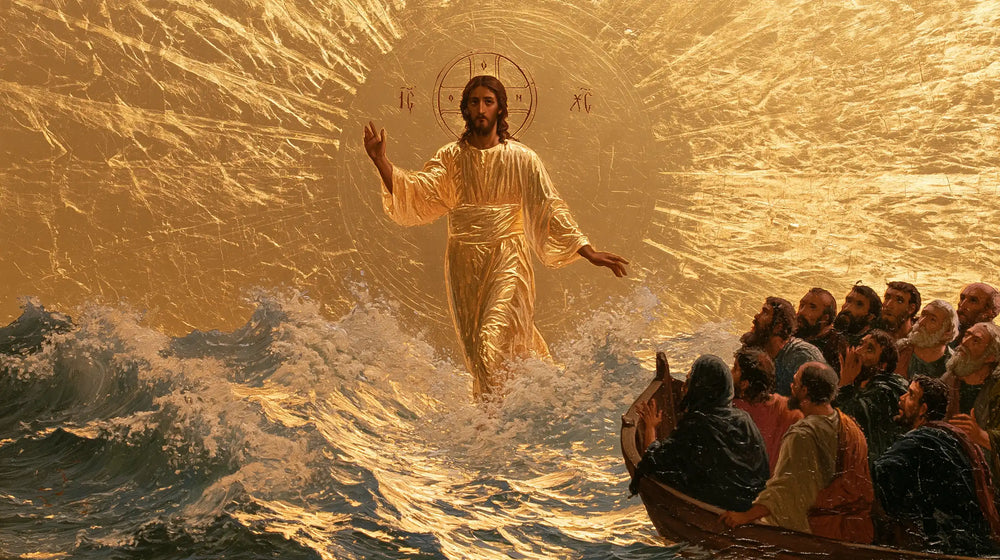 Jesus walking on water in Sacred Gold style, landscape Christian artwork no. 6
