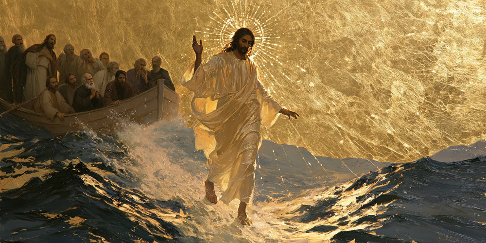 Jesus walking on water in Sacred Gold style, landscape Christian artwork no. 21