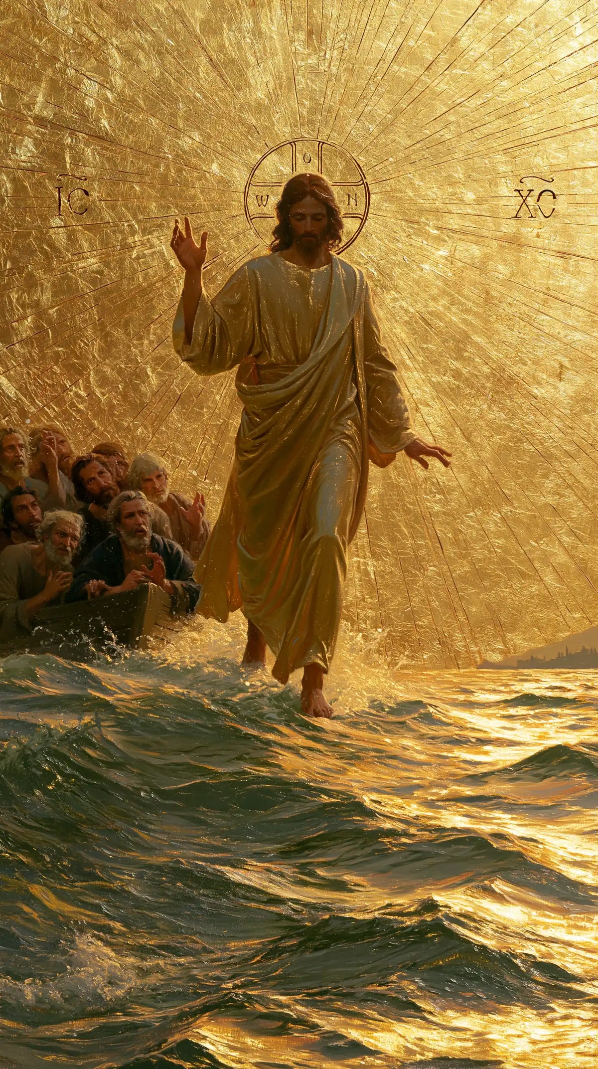 Jesus Walking on Water — The Peaceful Gesture in Gold Leaf