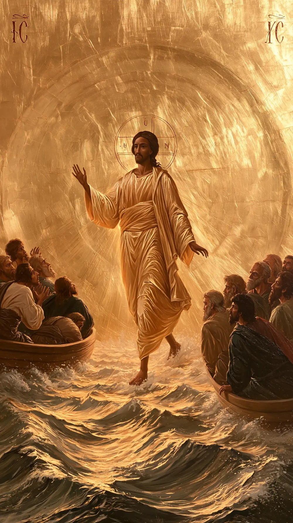 Jesus walking on water in Sacred Gold style, portrait Christian artwork no. 3