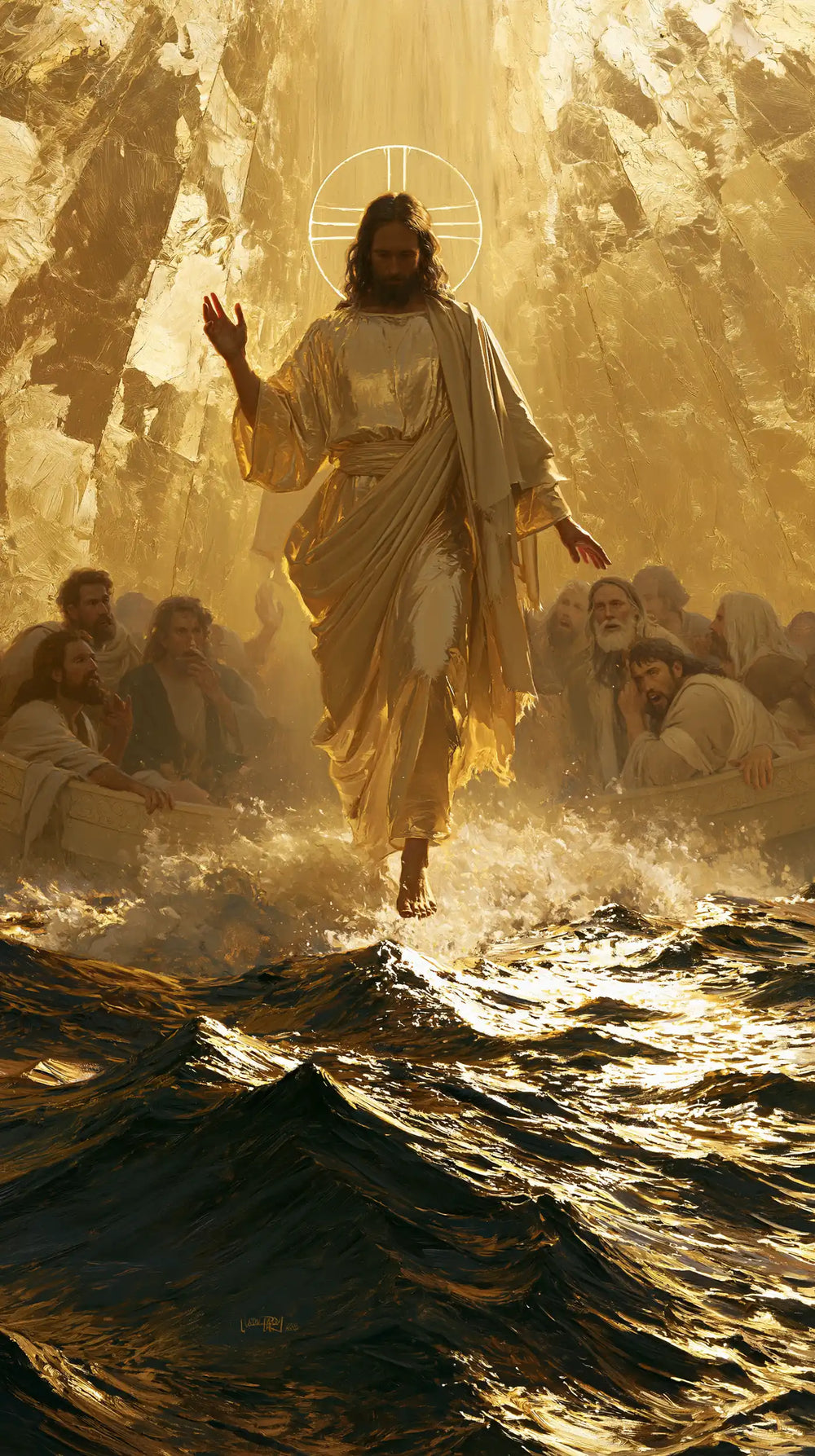 Jesus walking on water in Sacred Gold style, portrait Christian artwork no. 8