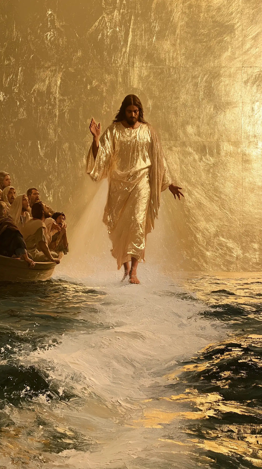 Jesus walking on water in Sacred Gold style, portrait Christian artwork no. 17