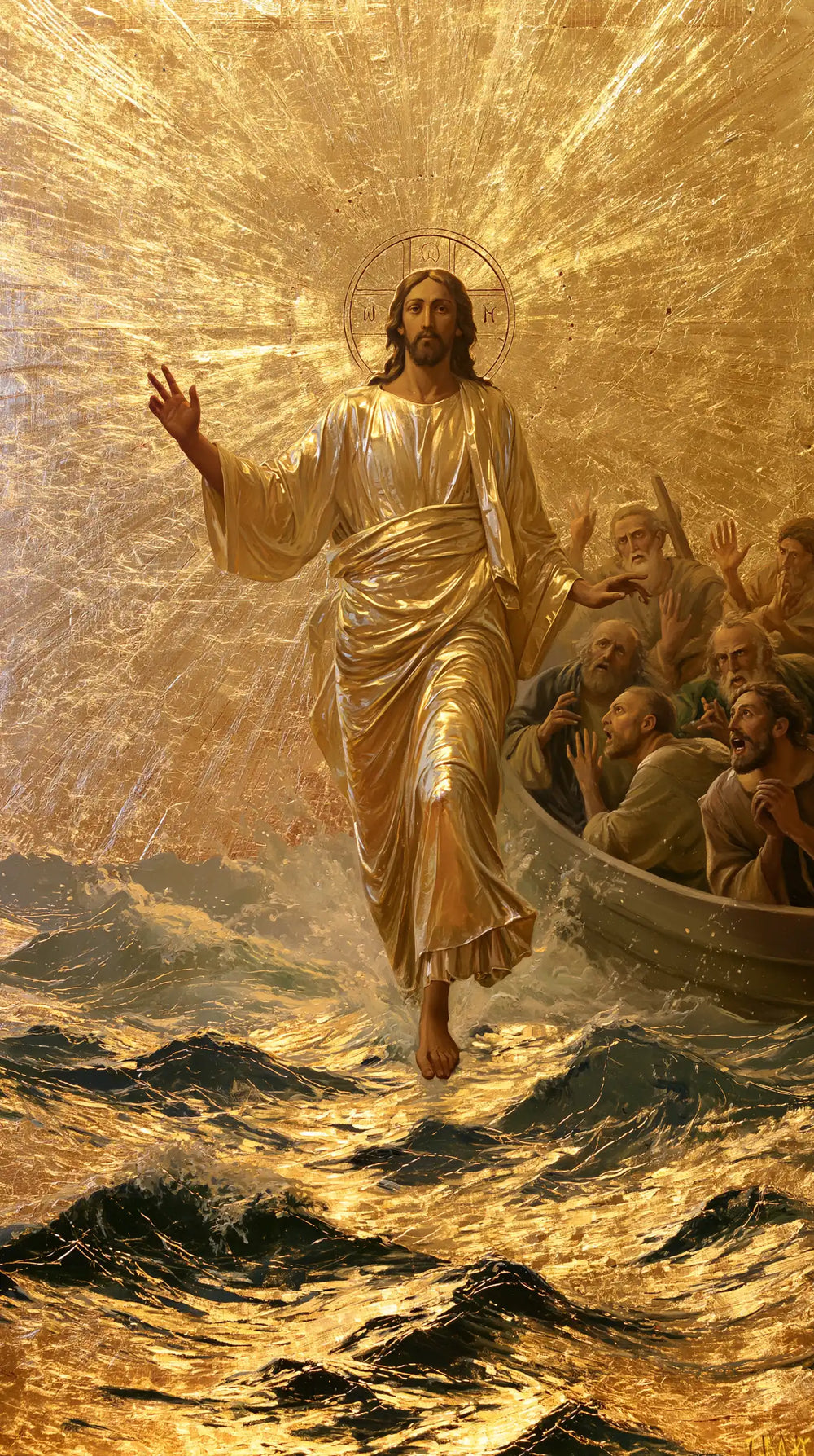 Jesus walking on water in Sacred Gold style, portrait Christian artwork no. 18