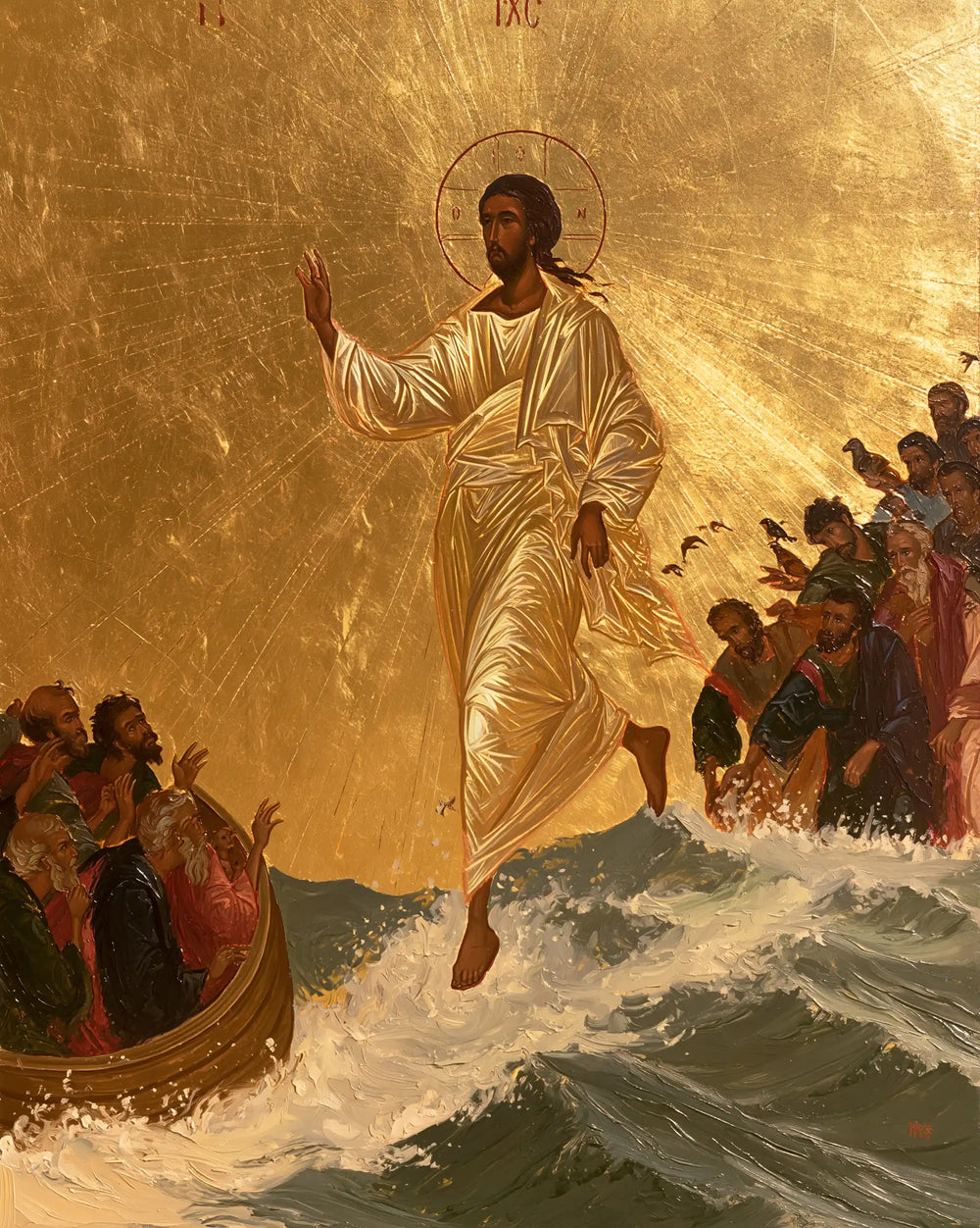 Jesus walking on water in Sacred Gold style, portrait Christian artwork no. 21