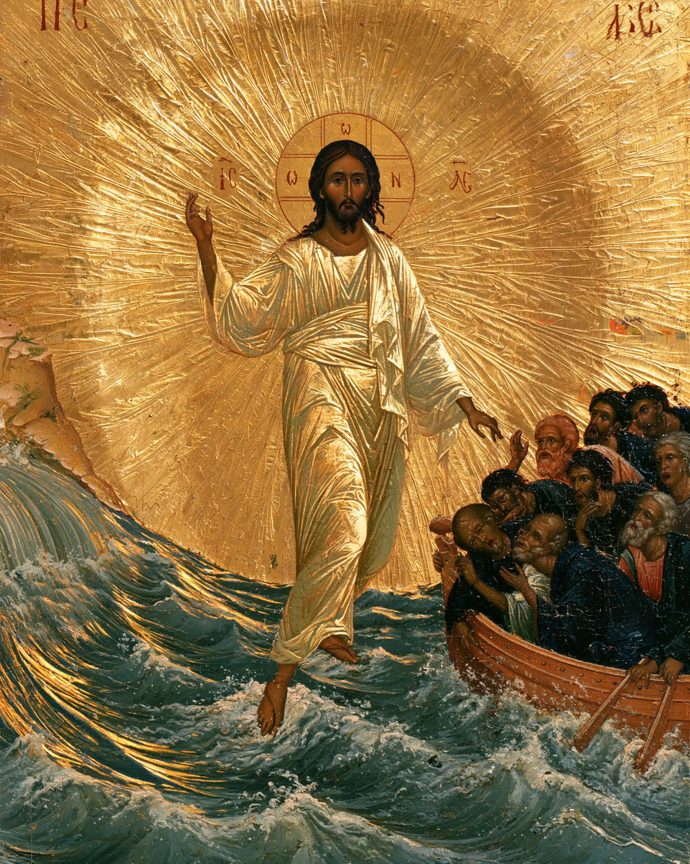Jesus walking on water in Sacred Gold style, portrait Christian artwork no. 22