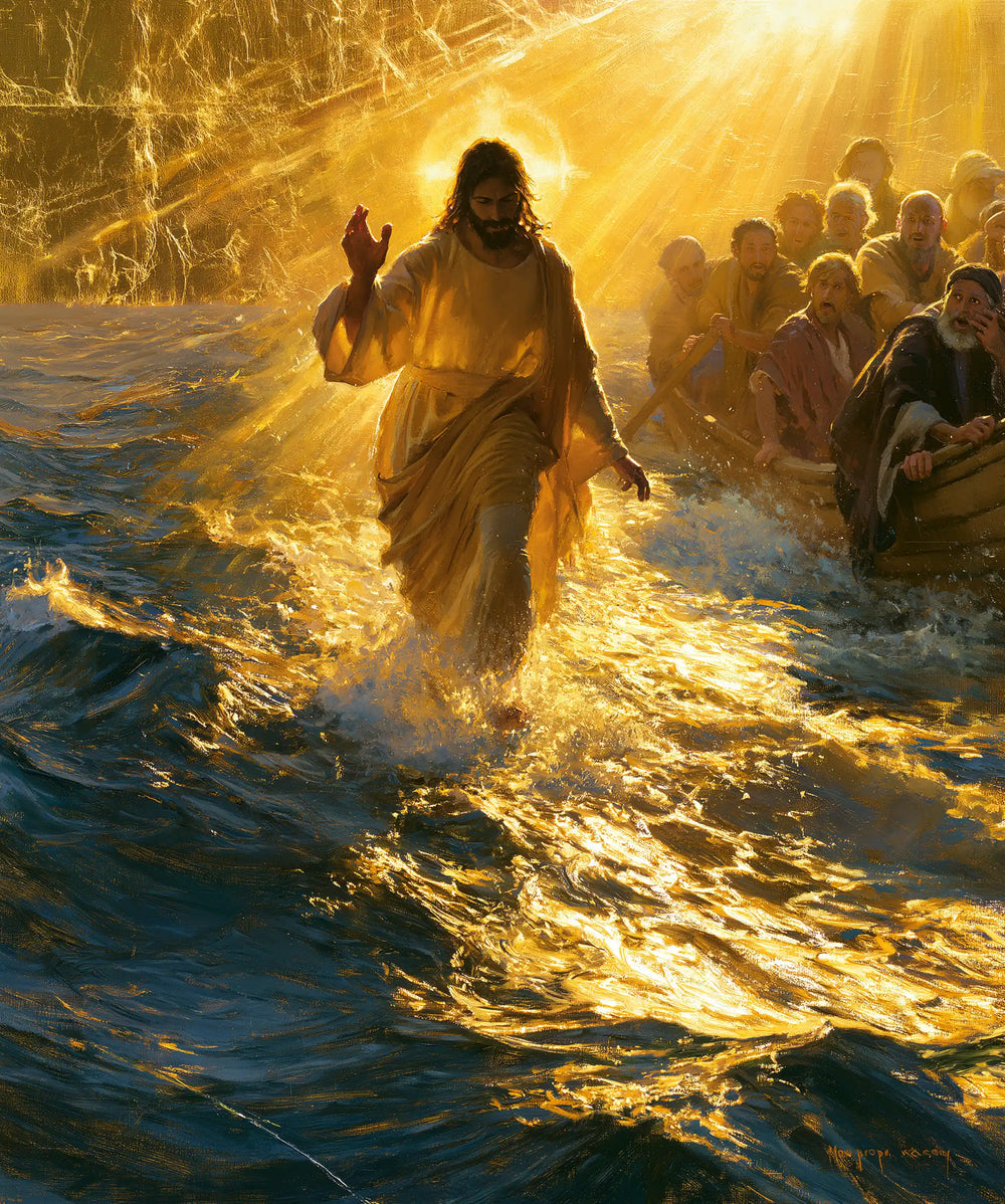 Jesus walking on water in Sacred Gold style, portrait Christian artwork no. 28