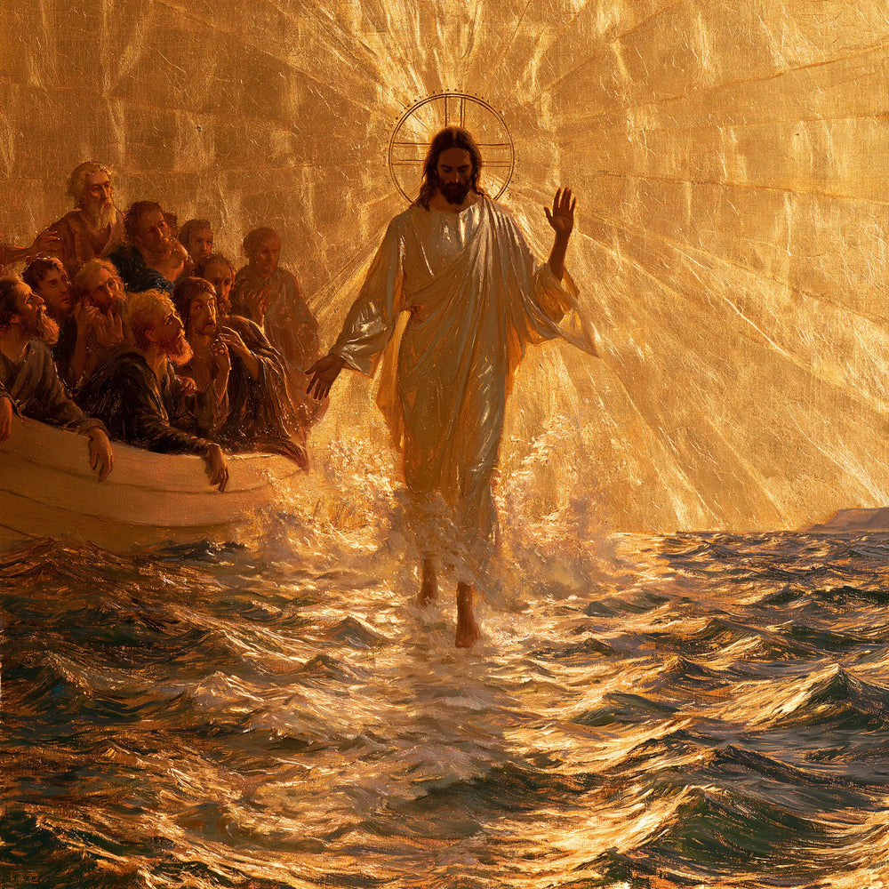 Jesus walking on water in Sacred Gold style, square Christian artwork no. 2