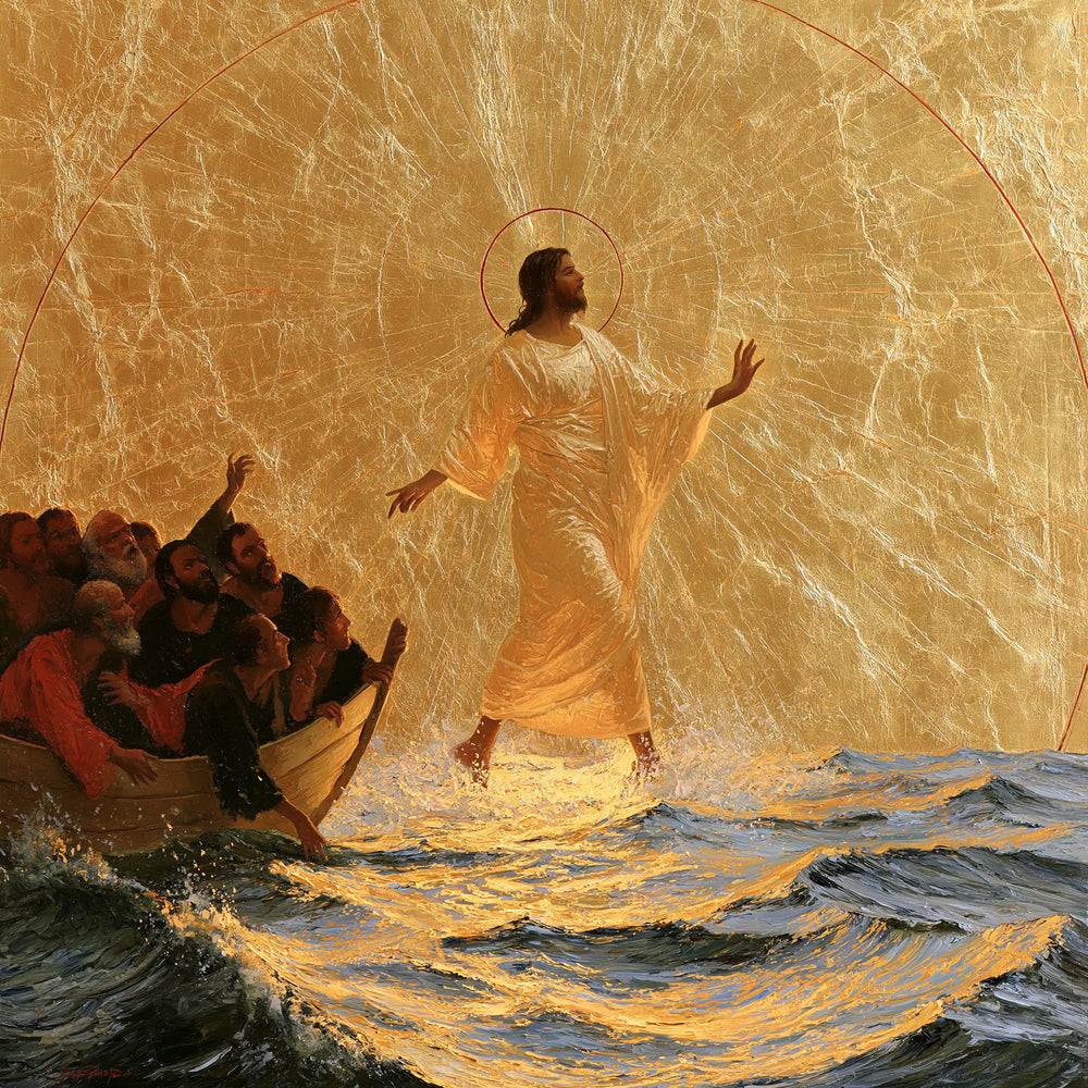 Jesus walking on water in Sacred Gold style, square Christian artwork no. 4