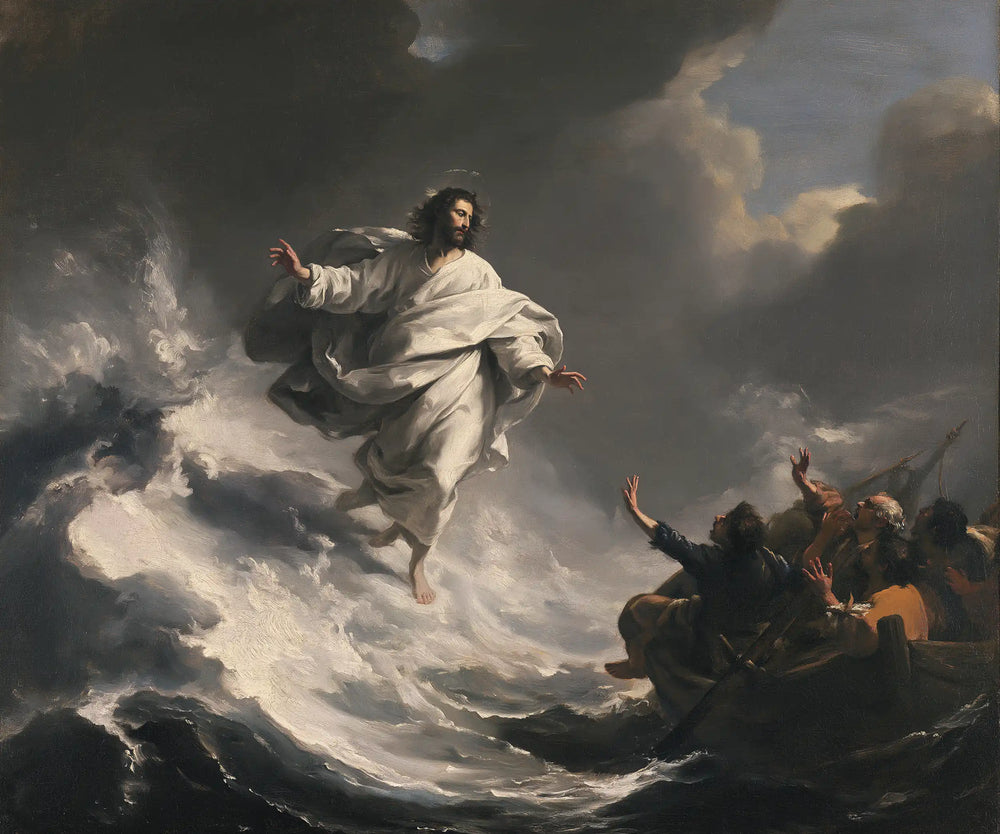 Jesus walking on water in Theatrical Baroque style, landscape Christian artwork no. 2