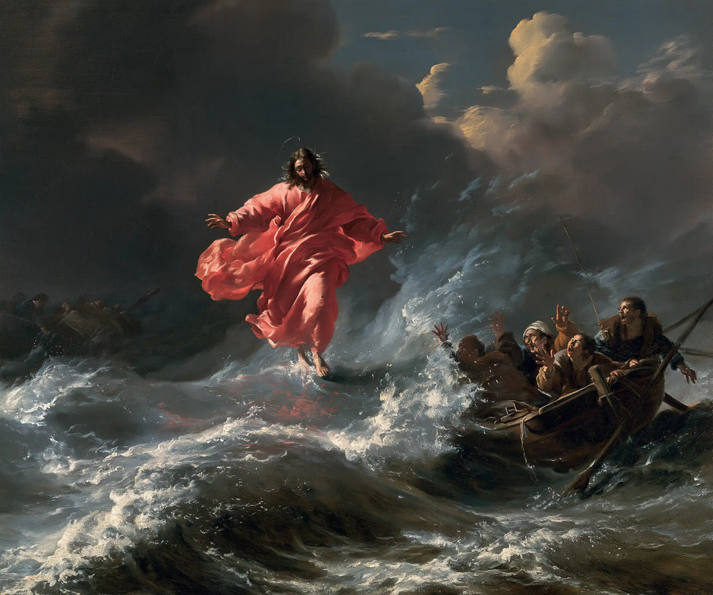 Jesus walking on water in Theatrical Baroque style, landscape Christian artwork no. 7