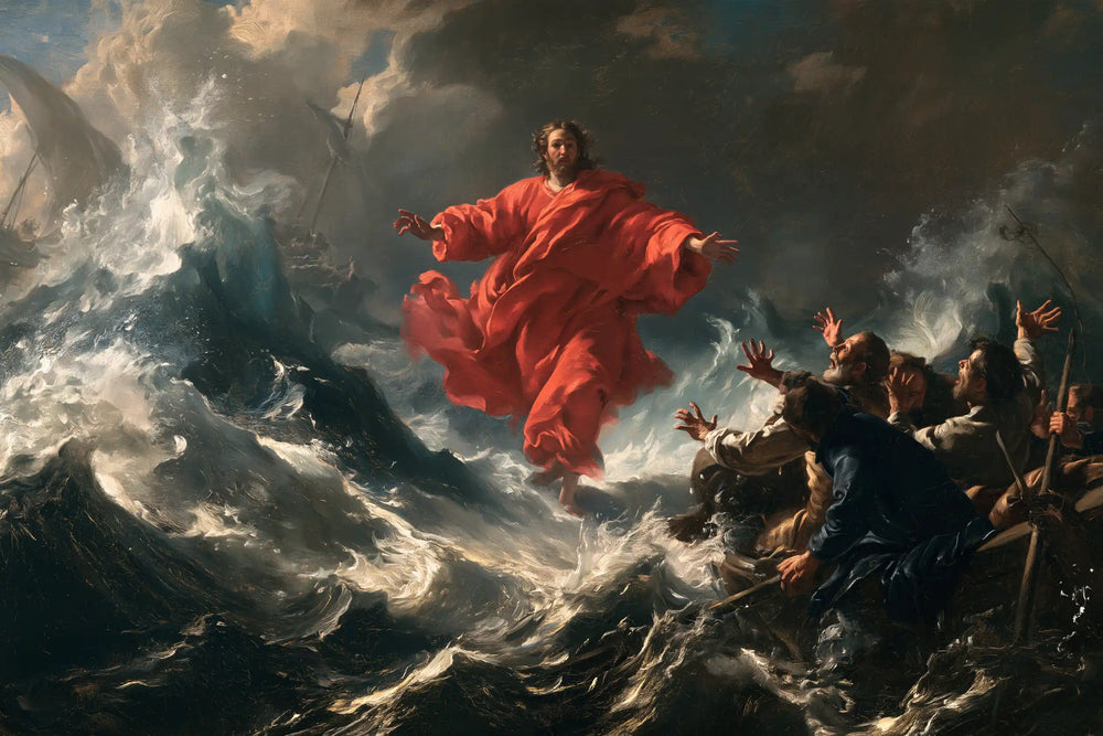Jesus walking on water in Theatrical Baroque style, landscape Christian artwork no. 15