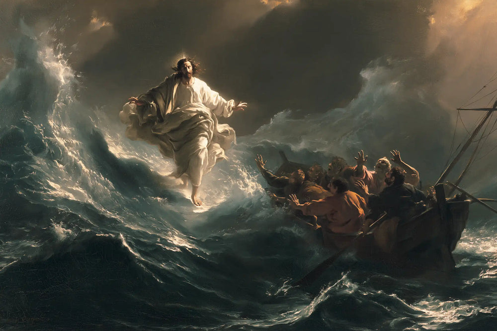 Jesus walking on water in Theatrical Baroque style, landscape Christian artwork no. 16