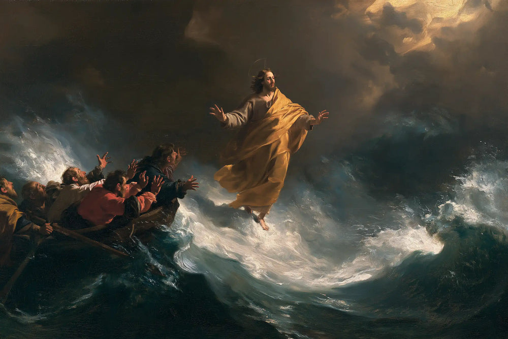Jesus walking on water in Theatrical Baroque style, landscape Christian artwork no. 22