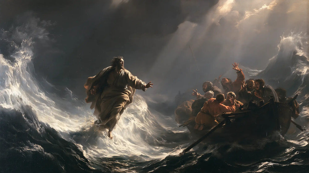 Jesus walking on water in Theatrical Baroque style, landscape Christian artwork no. 26