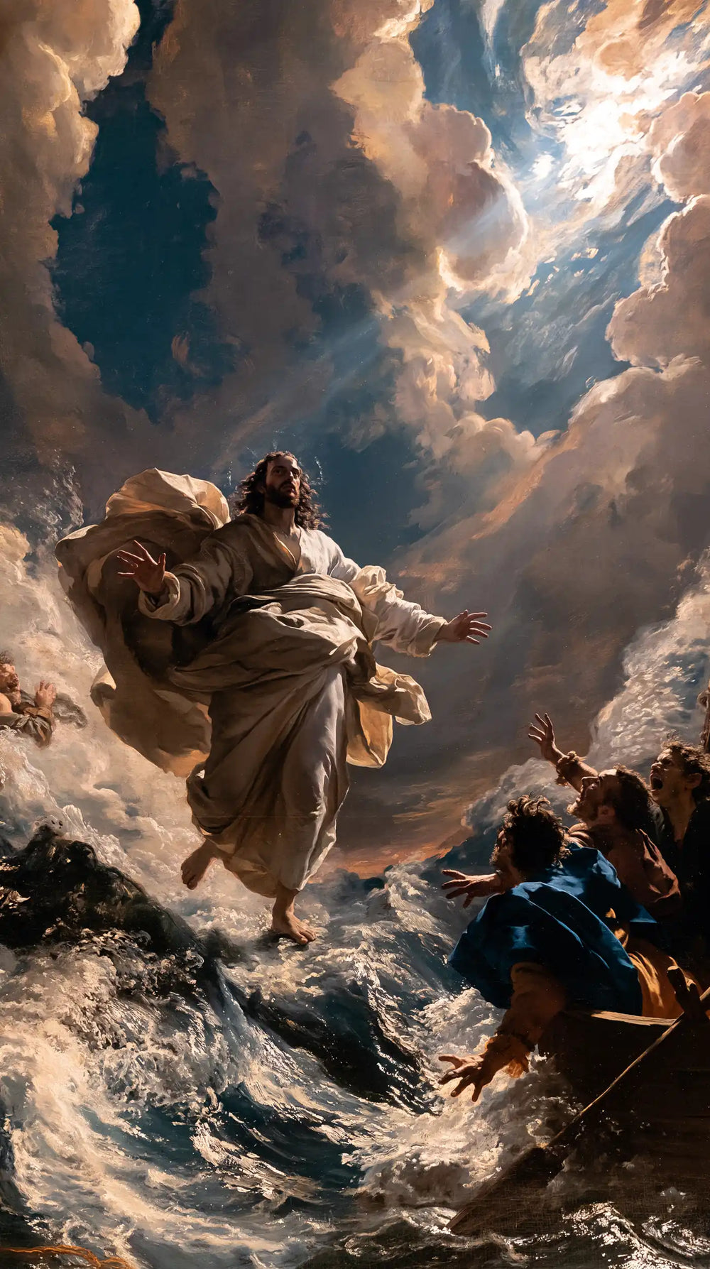 Jesus walking on water in Theatrical Baroque style, portrait Christian artwork no. 1