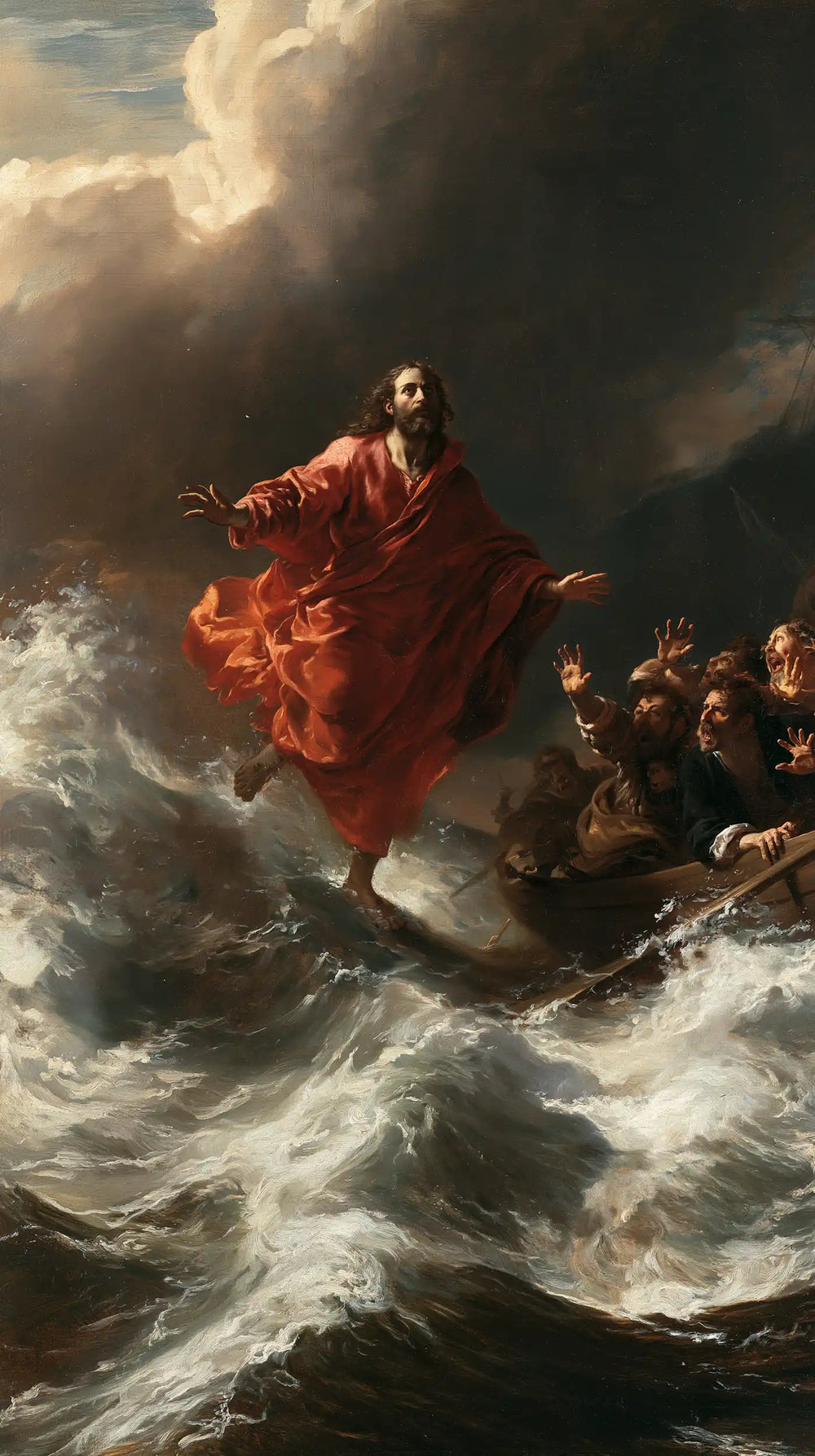 Jesus walking on water in Theatrical Baroque style, portrait Christian artwork no. 8