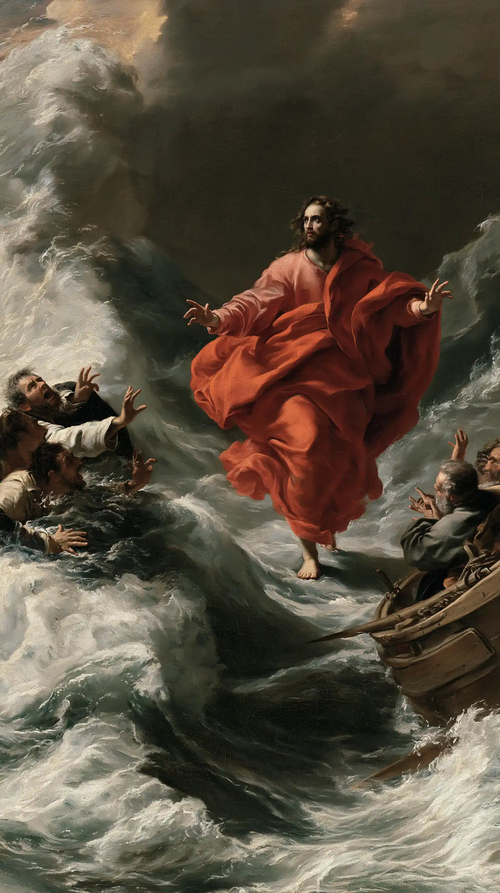 Jesus walking on water in Theatrical Baroque style, portrait Christian artwork no. 9