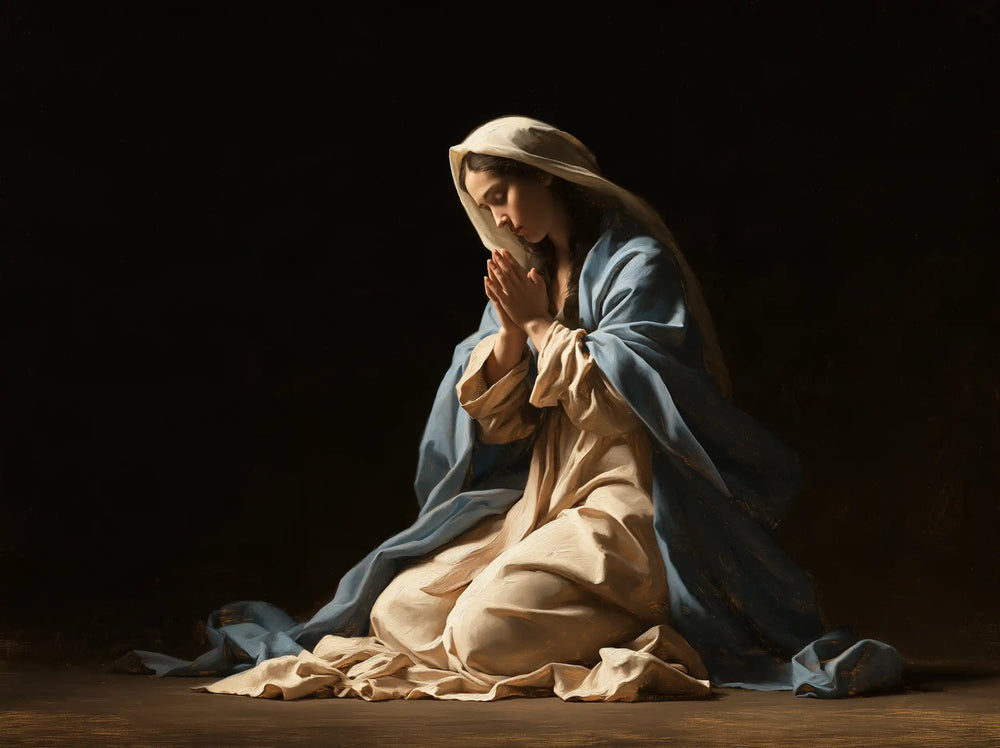 the Virgin Mary in prayer in Black and Gold style, landscape Christian artwork no. 12