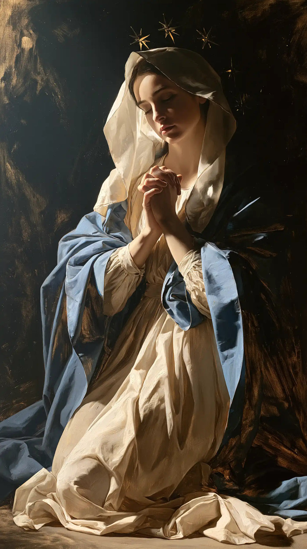 the Virgin Mary in prayer in Black and Gold style, portrait Christian artwork no. 1