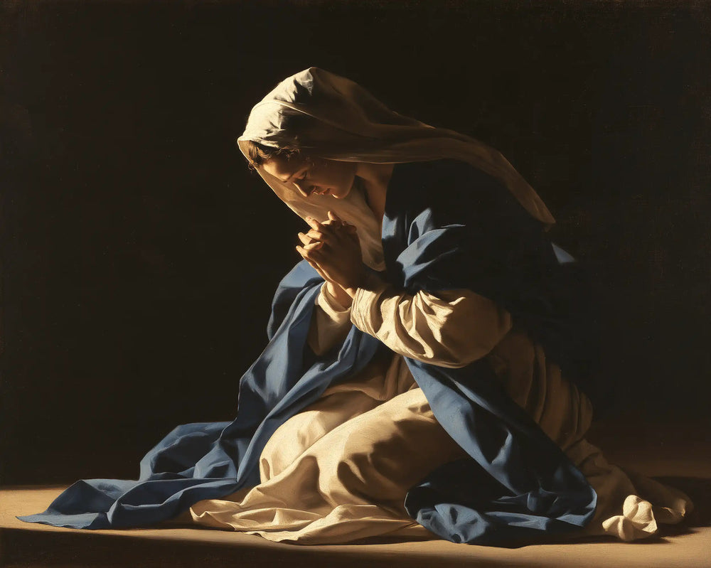 the Virgin Mary in prayer in Caravaggio Tenebrism style, landscape Christian artwork no. 2