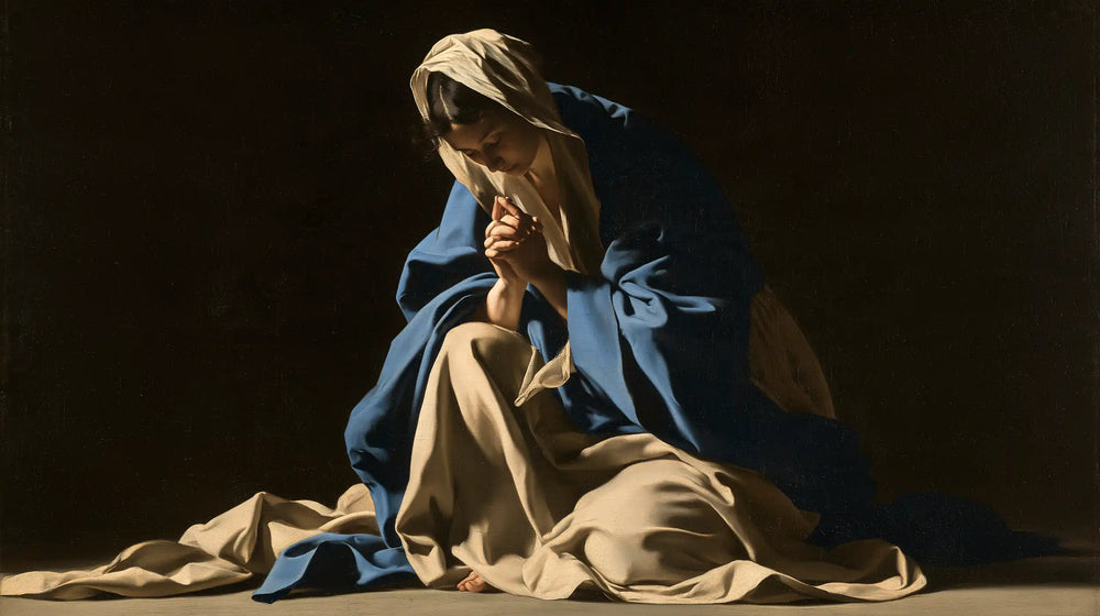 the Virgin Mary in prayer in Caravaggio Tenebrism style, landscape Christian artwork no. 9