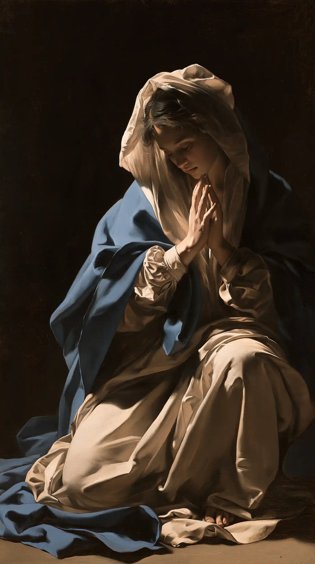 Virgin Mary in Prayer — The Veil and the Luminous Cheek
