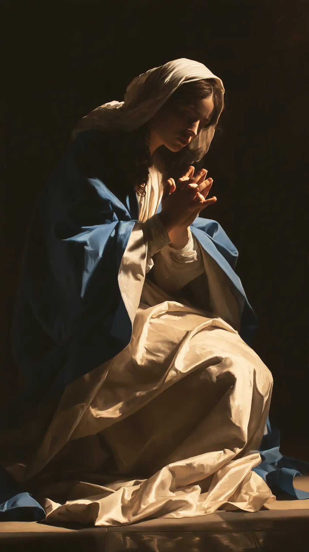 the Virgin Mary in prayer in Caravaggio Tenebrism style, portrait Christian artwork no. 20